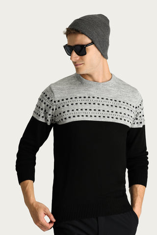 Siyah Bisiklet Yaka Slim Fit Desenli Triko Kazak