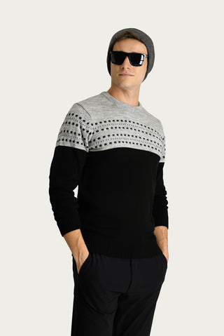 Siyah Bisiklet Yaka Slim Fit Desenli Triko Kazak
