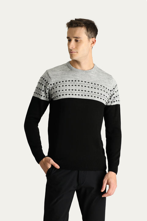 Black Crew Neck Slim Fit Patterned Knit Sweater