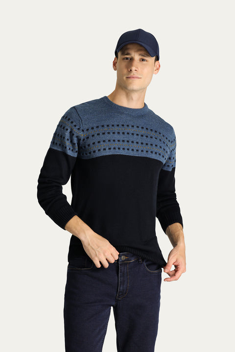 Koyu Lacivert Bisiklet Yaka Slim Fit Desenli Triko Kazak