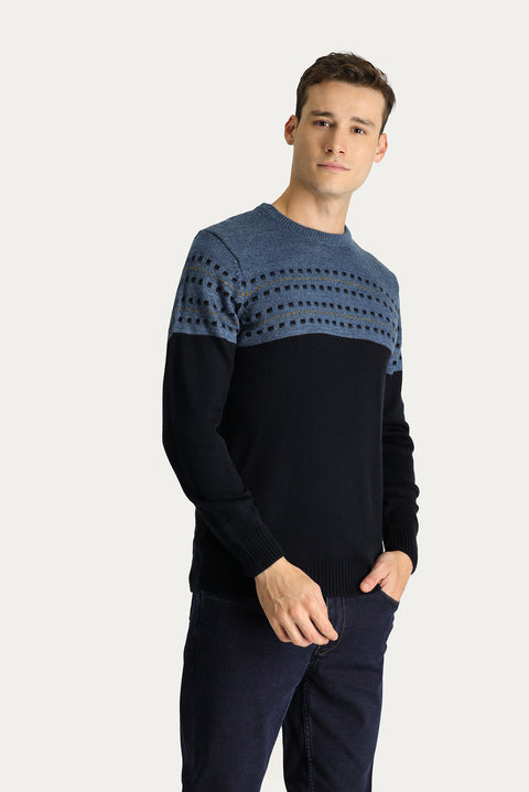 Koyu Lacivert Bisiklet Yaka Slim Fit Desenli Triko Kazak