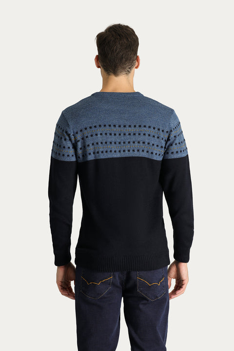 Koyu Lacivert Bisiklet Yaka Slim Fit Desenli Triko Kazak