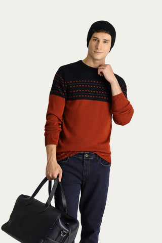 Kiremit Bisiklet Yaka Slim Fit Desenli Triko Kazak