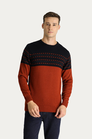 Kiremit Bisiklet Yaka Slim Fit Desenli Triko Kazak