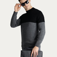 Black Crew Neck Slim Fit Narrow Cut Patterned Knit Sweater