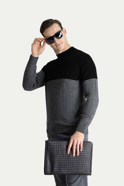 Black Crew Neck Slim Fit Narrow Cut Patterned Knit Sweater