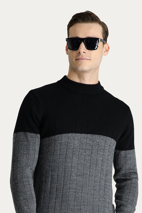 Black Crew Neck Slim Fit Narrow Cut Patterned Knit Sweater