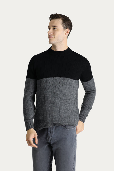 Black Crew Neck Slim Fit Narrow Cut Patterned Knit Sweater