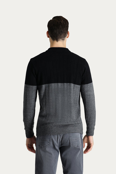 Black Crew Neck Slim Fit Narrow Cut Patterned Knit Sweater