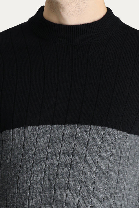 Black Crew Neck Slim Fit Narrow Cut Patterned Knit Sweater