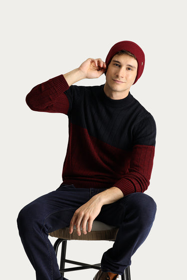 Koyu Lacivert Bisiklet Yaka Slim Fit Dar Kesim Desenli Triko Kazak