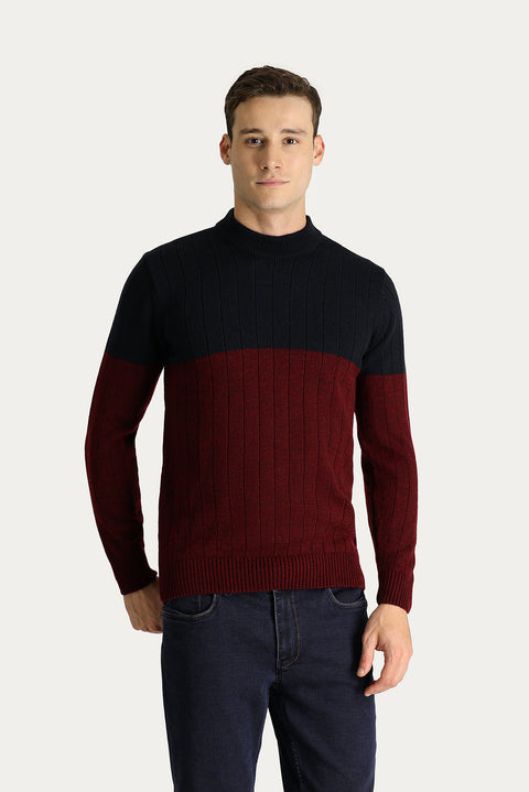 Dark Navy Crew Neck Slim Fit Narrow Cut Patterned Knit Sweater