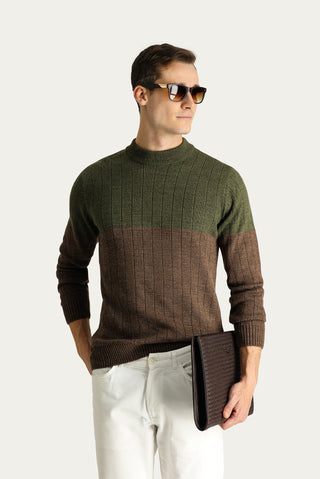 Orta Haki Bisiklet Yaka Slim Fit Dar Kesim Desenli Triko Kazak