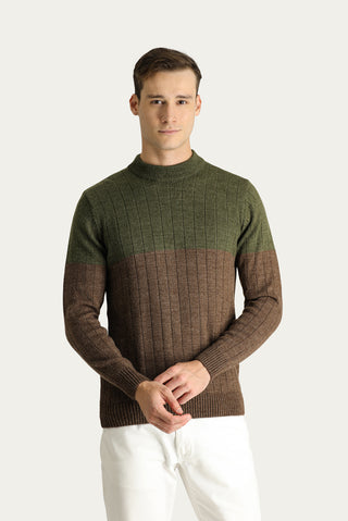 Orta Haki Bisiklet Yaka Slim Fit Dar Kesim Desenli Triko Kazak