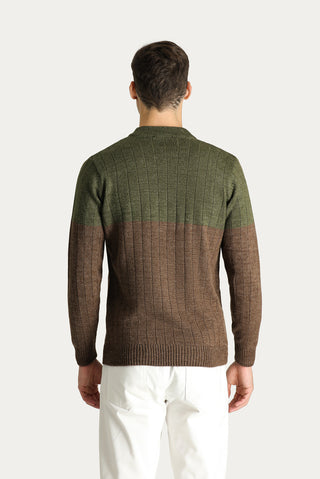 Orta Haki Bisiklet Yaka Slim Fit Dar Kesim Desenli Triko Kazak