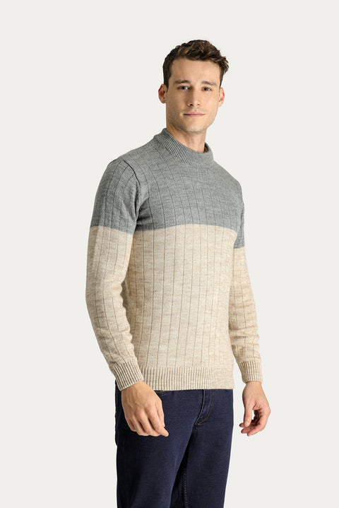 Light Anthracite Crew Neck Slim Fit Narrow Cut Patterned Knit Sweater