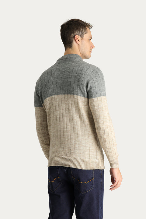 Light Anthracite Crew Neck Slim Fit Narrow Cut Patterned Knit Sweater