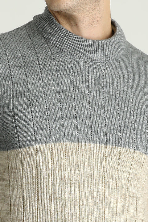 Light Anthracite Crew Neck Slim Fit Narrow Cut Patterned Knit Sweater