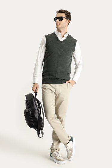 Koyu Antrasit Melanj V Yaka Pamuklu Triko Süveter