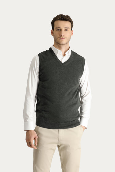 Koyu Antrasit Melanj V Yaka Pamuklu Triko Süveter