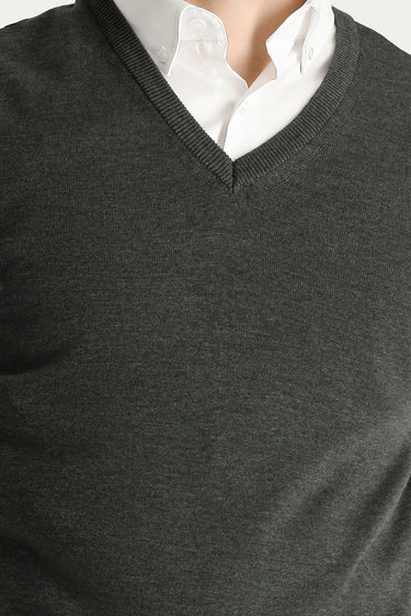 Koyu Antrasit Melanj V Yaka Pamuklu Triko Süveter