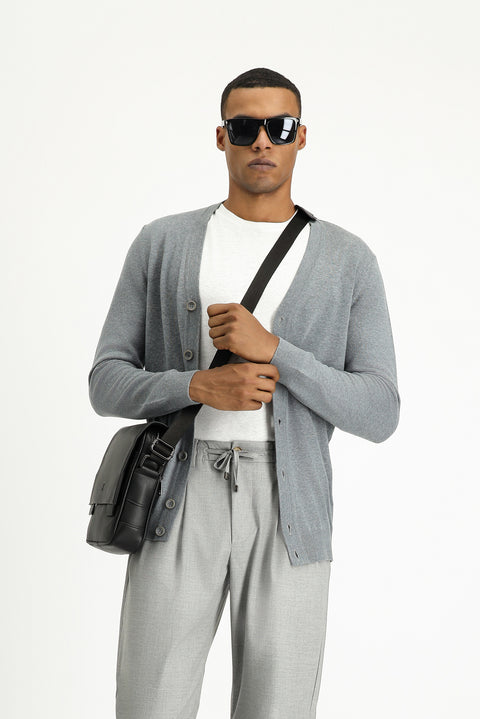 Orta Gri Melanj Slim Fit Dar Kesim Pamuklu Triko Hırka