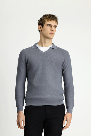 Orta Gri Melanj Polo Yaka Slim Fit Dar Kesim Desenli Pamuklu Yünlü Triko Kazak