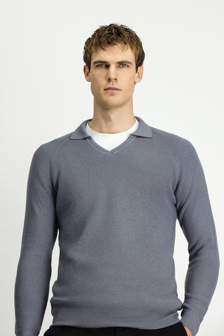 Orta Gri Melanj Polo Yaka Slim Fit Dar Kesim Desenli Pamuklu Yünlü Triko Kazak