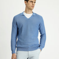Aviator Blue Polo Collar Slim Fit Narrow Cut Patterned Cotton Wool Knit Sweater