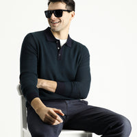 Koyu Lacivert Polo Yaka Slim Fit Dar Kesim Desenli Triko Kazak
