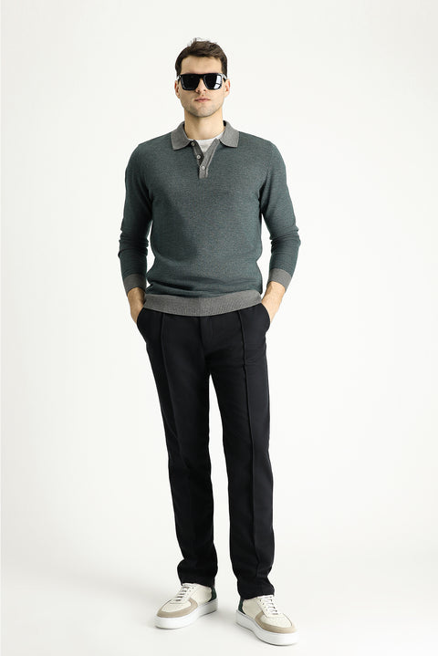 Orta Gri Polo Yaka Slim Fit Dar Kesim Desenli Triko Kazak