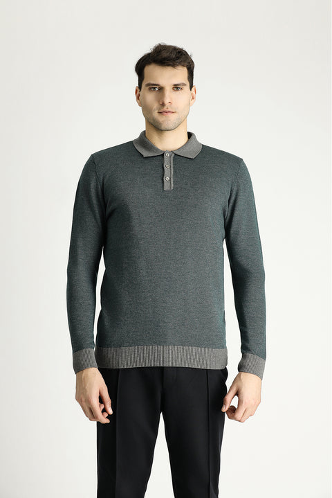 Orta Gri Polo Yaka Slim Fit Dar Kesim Desenli Triko Kazak