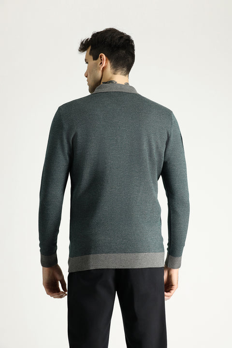Orta Gri Polo Yaka Slim Fit Dar Kesim Desenli Triko Kazak