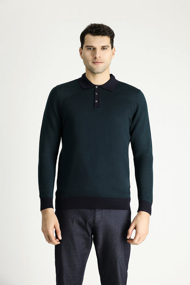 Koyu Lacivert Polo Yaka Slim Fit Dar Kesim Desenli Triko Kazak