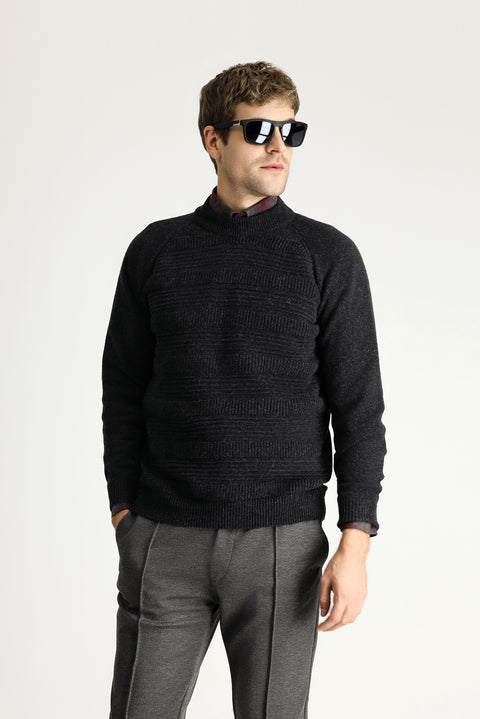 Dark Anthracite Half Turtleneck Slim Fit Patterned Wool Knit Sweater