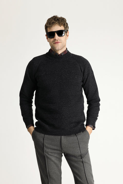 Dark Anthracite Half Turtleneck Slim Fit Patterned Wool Knit Sweater