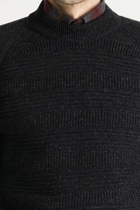 Dark Anthracite Half Turtleneck Slim Fit Patterned Wool Knit Sweater