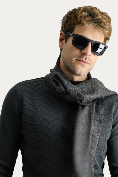 Koyu Antrasit Melanj Yarım Balıkçı Yaka Slim Fit Dar Kesim Desenli Pamuklu Triko Kazak