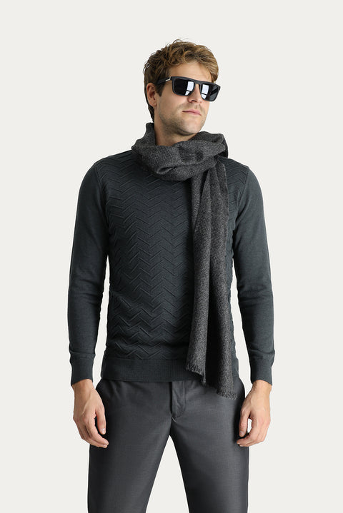 Koyu Antrasit Melanj Yarım Balıkçı Yaka Slim Fit Dar Kesim Desenli Pamuklu Triko Kazak