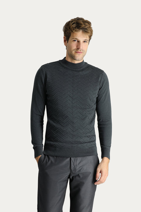 Koyu Antrasit Melanj Yarım Balıkçı Yaka Slim Fit Dar Kesim Desenli Pamuklu Triko Kazak