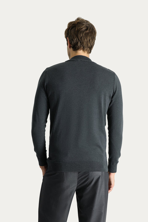 Koyu Antrasit Melanj Yarım Balıkçı Yaka Slim Fit Dar Kesim Desenli Pamuklu Triko Kazak