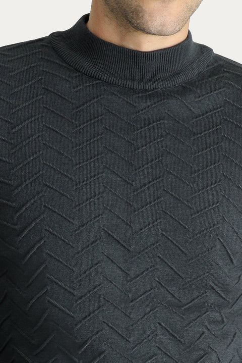 Koyu Antrasit Melanj Yarım Balıkçı Yaka Slim Fit Dar Kesim Desenli Pamuklu Triko Kazak