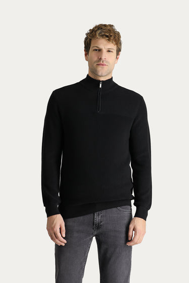 Siyah Yarım Balıkçı Yaka Regular Fit Fermuarlı Pamuklu Triko Kazak