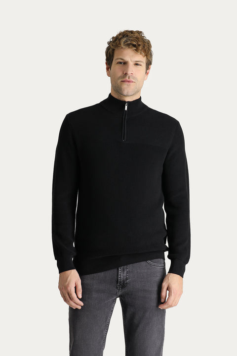 Black Half Turtleneck Regular Fit Zip-Up Cotton Knit Sweater
