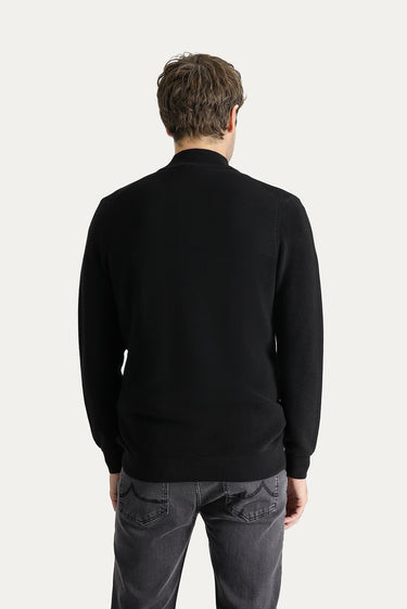 Siyah Yarım Balıkçı Yaka Regular Fit Fermuarlı Pamuklu Triko Kazak