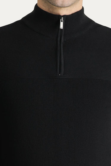 Siyah Yarım Balıkçı Yaka Regular Fit Fermuarlı Pamuklu Triko Kazak