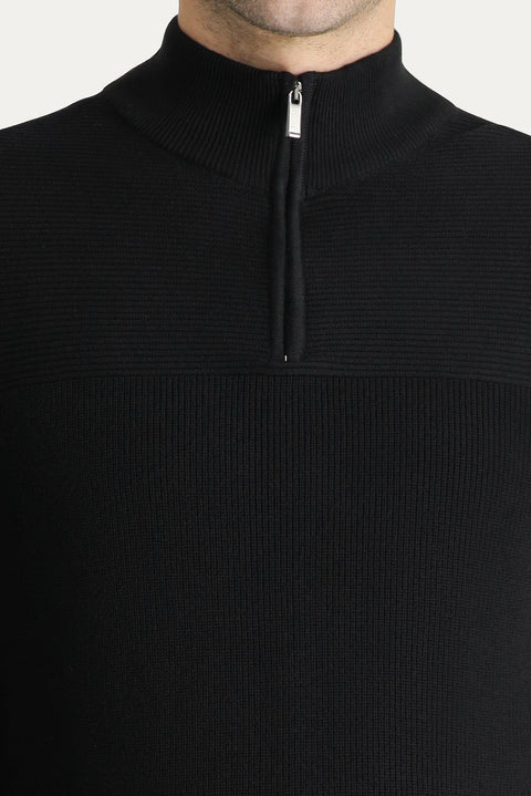 Black Half Turtleneck Regular Fit Zip-Up Cotton Knit Sweater