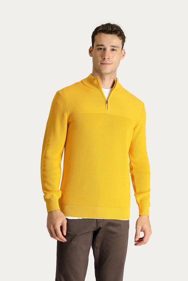 Hardal Yarım Balıkçı Yaka Regular Fit Fermuarlı Pamuklu Triko Kazak