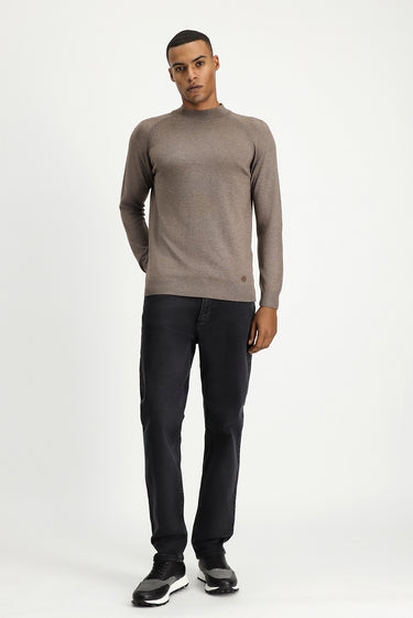 Açık Kahve Melanj Yarım Balıkçı Yaka Slim Fit Dar Kesim Pamuklu Triko Kazak