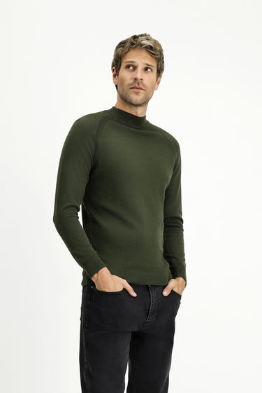 Orta Haki Yarım Balıkçı Yaka Slim Fit Dar Kesim Pamuklu Triko Kazak
